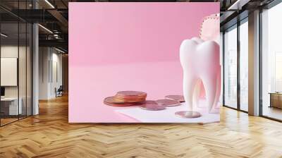 Ceramic model of a human tooth, wallet and stack of coins, pink background copy space. Expensive dental services and professional medical treatment Wall mural