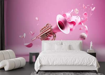 Copper wind pipe, a musical instrument from which melody notes fly, copy space on a pink background Wall mural