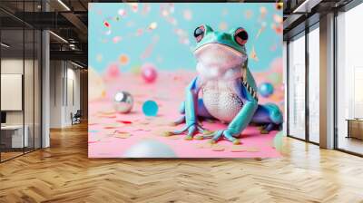 Cute frog Symbol of the day in a leap year, celebrating the frog jump event, on a festive background with flying confetti on a pastel background Wall mural