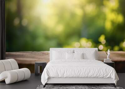 Empty wooden table top, texture board, on a blurred background of an orchard, trees in blurred bokeh Wall mural