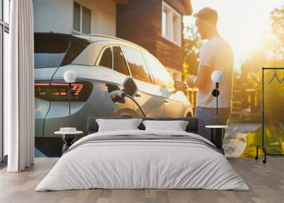 Man charging electric car at home in sunlit driveway: sustainable future concept Wall mural