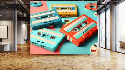 Old vintage cassette tapes scattered blue background, copy space. Grunge, nostalgia music culture 70-80s Wall mural