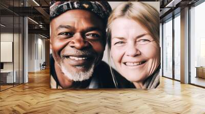 Portrait of a happy mature married couple, a black man and a European woman, on a gray background Generative AI Wall mural