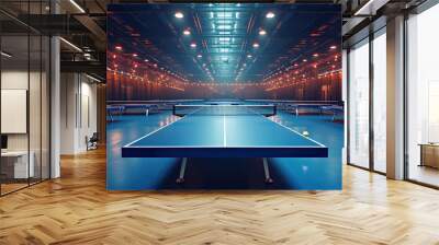 Professional table tennis arena with illuminated tables, blue floor no spectators empty, preparing for sports tournament Wall mural