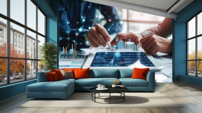 Professionals explore complex data analytics displayed on digital tablet, highlighting modern business strategy and decision-making. Business and latest analysis technologies Wall mural