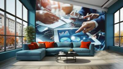 Professionals explore complex data analytics displayed on digital tablet, highlighting modern business strategy and decision-making. Business and latest analysis technologies Wall mural