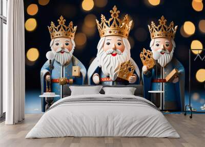 Three wise men holding gifts for Jesus. Concept for religious holiday of Epiphany, Nativity of Jesus, Three Kings Day, Christmas Wall mural