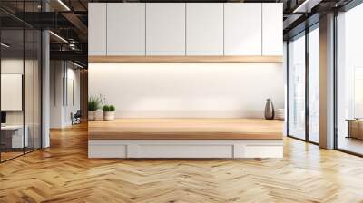 Wooden light empty table top in modern white kitchen, kitchen panel in interior. Scene showcase, banner Wall mural