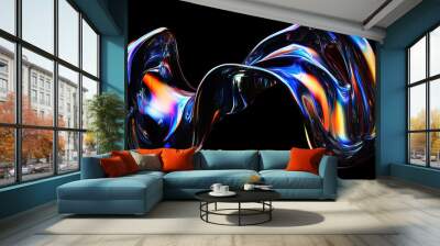 Close up shot of rainbow colored holographic liquid metal on black background, showing abstract distorted futuristic fluid organic shapes, design material Wall mural