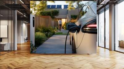 Electric car charging at an outdoor charging station, close up of red taillights reflecting light in raindrops, modern urban scene highlighting environmentally friendly technologies and sustainable en Wall mural