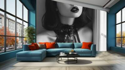 High-end fashion photography, beautiful models showing off retro latex clothing, strong shadow effects and smooth shiny textures. Aurora punk aesthetic, combining retro style with futuristic elements. Wall mural