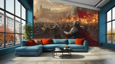 Knights in armor wield swords and fight in the chaos of war, while flags fluttering in the wind and flames burning in the distance show the intensity of the battle. Wall mural