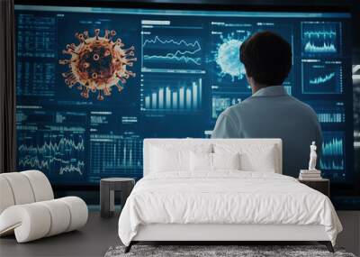 Medical researcher analyzing disease data on a large screen with graphs, statistics, and maps indicating the spread of a virus, showcasing global health trends and virus outbreak tracking. Wall mural