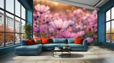 A beautiful field of cosmos flowers in various shades of pink Wall mural