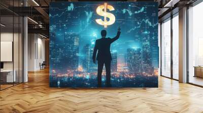 A businessman stands in front of a night scene with a dollar sign floating above his head and city towers in the background Wall mural