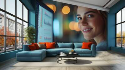 A close-up shot of an attractive female business professional smiling while looking at financial charts on her computer screen Wall mural