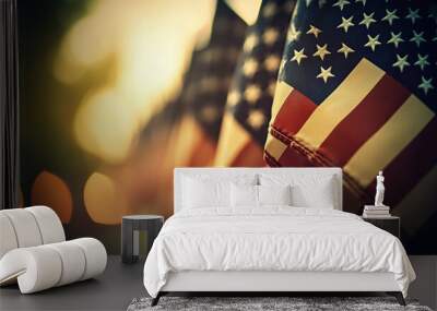 Close-up of American flags, soft focus, blurred background Wall mural