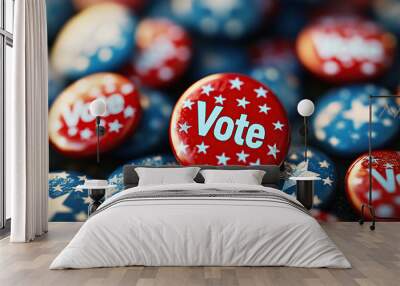 Close-up of red, white, and blue pinback buttons with the word 