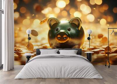 D render of a green piggy bank surrounded by falling coins on a golden background with a bokeh effec Wall mural