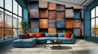 Colorful square wooden block wall texture background Wall mural