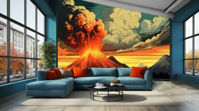 Illustration of erupting volcano with lava explosions and massive ash cloud. Generative AI Wall mural