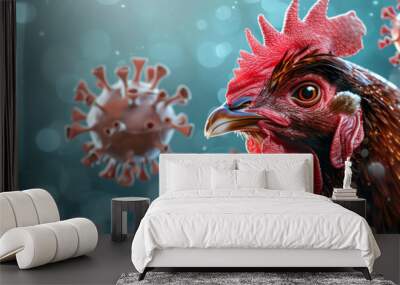 A close-up of a chicken surrounded by virus particles, symbolizing the threat of avian disease outbreaks like bird flu in poultry. Wall mural