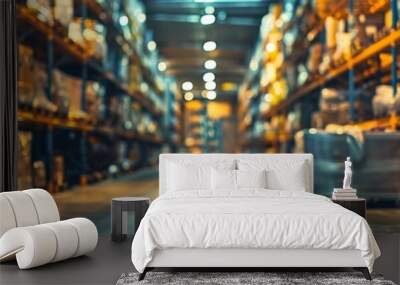 A long perspective view of a warehouse aisle, with stacked shelves lined with boxes and a motion blur effect suggesting activity and logistics operations. Wall mural