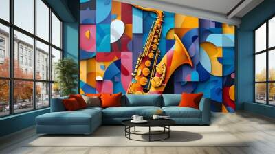 Colorful geometric shapes surround a golden saxophone Wall mural