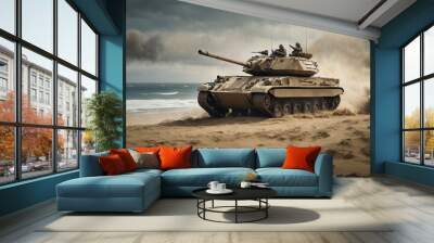 A coastal war scene unfolds as an armored tank advances during an intense invasion, creating a dramatic wide poster with space for your text. Wall mural