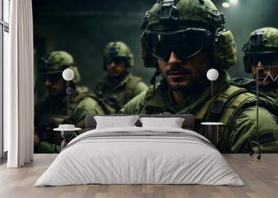 A squad of special forces operatives in night vision goggles, conducting a covert raid on an enemy compound. Wall mural