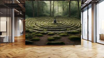 A stone labyrinth set within a forest clearing, providing a contemplative and meditative experience. Wall mural