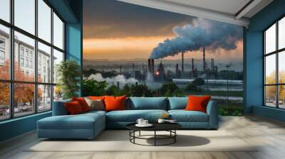 Alarm for Nature, Smoke from Chemical Plant Amidst Growing Greenery Wall mural