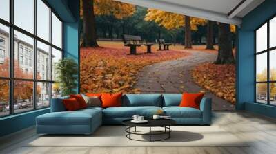 Autumnal park scene with bright, colorful leaves Wall mural