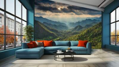 Breathtaking mountain forest vista with cloudy sky. Green scenery of Maehongson, Thailand. Wall mural