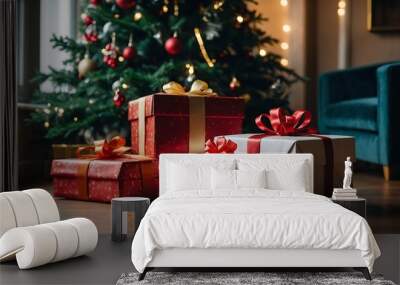 Christmas gift boxes placed beside a festive fir tree indoors Wall mural