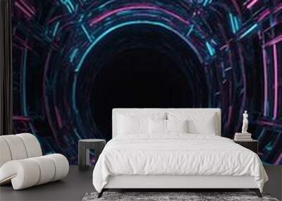 D illustration of abstract flight in neon hyper warp space tunnel Wall mural