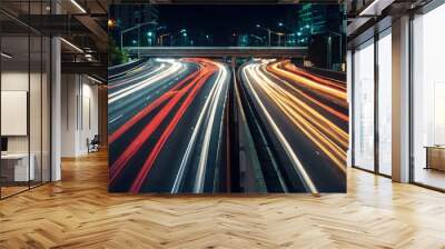 Dynamic traffic on a city highway, long exposure shot with vibrant light trails. Wall mural