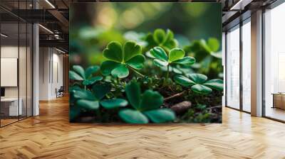 Emerald Isle Delight, Shamrocks on a lush green background evoke the spirit of St. Patrick's Day. Wall mural