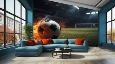 Fiery soccer ball in action, smoke and flames, perfect for dynamic visuals. Wall mural