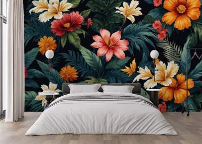 Floral summer wallpaper with exotic patterns, ideal for background illustration. High contrast Wall mural