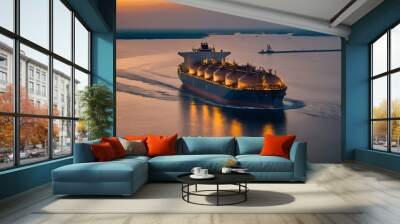 Giant LNG Carrier Sailing Across Tranquil Seas at Sunset, Symbol of Global Fuel Industry. Wall mural