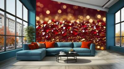 Glittering Ruby, Red Background with Golden Glitters, Magic Galaxy of Gold Sparkles Wall mural