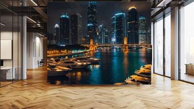 Glowing cityscape at night, tall buildings, vibrant lights on water, boats navigating the river Wall mural