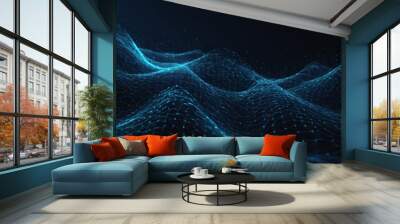 Imitation an abstract wave on dark background. Network Design with Particle. Big data. Abstract bright shine in dark blue space. D rendering. Wall mural