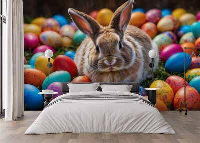 Joyful Easter bunny surrounded by a plethora of vibrant, colorful Easter eggs. Wall mural