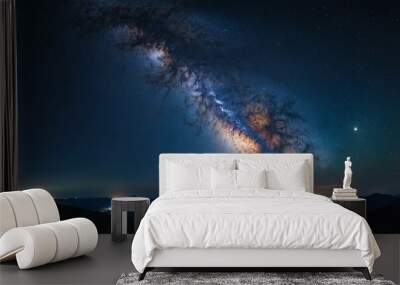 Milky Way and nebula in a blue night sky panorama. Long exposure, cosmic beauty Wall mural