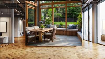 Modern sunroom connecting to garden oasis, surrounded by block-paved patio for tranquil retreat Wall mural