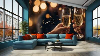 New Year's Toast, Champagne Glasses in Blurred Party Scene Wall mural