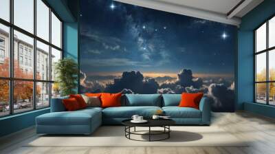 Nighttime clouds hovering gracefully in the sky, their fluffy shapes contrasting beautifully with the backdrop of twinkling stars. Wall mural