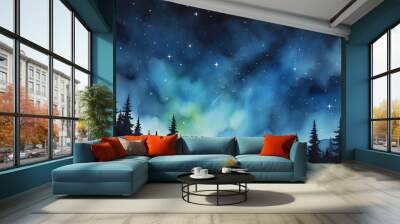 Nighttime Reverie, Watercolor Artwork Capturing the Starry Sky Wall mural